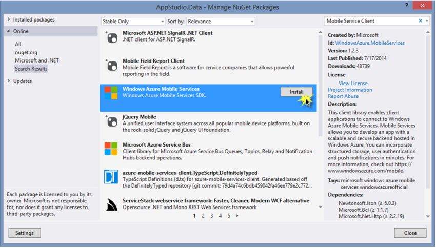 install windows azure Mobile Services